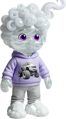 Air Ted: a toy boy made of misty air with cloud-curl hair and a lilac hoodie