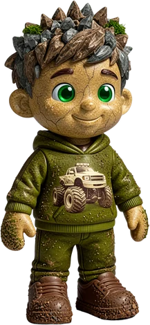 Earth Ted: a toy boy made of sandstone with rocky, mossy hair and a green hoodie
