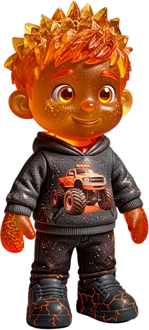 Fire Ted: a toy boy with glowing amber skin, flame hair and a black hoodie
