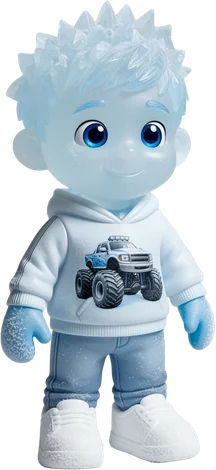 Ice Ted: a toy boy with see-through ice skin, crystal hair and a white hoodie