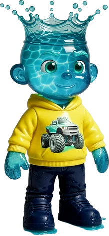 Water Ted: a toy boy made of water with a splash crown and a yellow hoodie